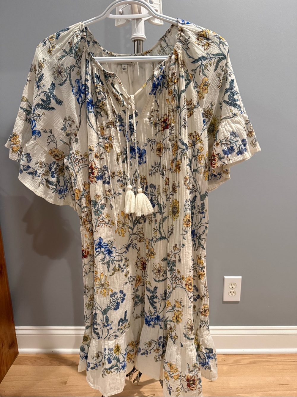 Wonderly Boho Floral Cream Tunic Dress with Tassel Tie